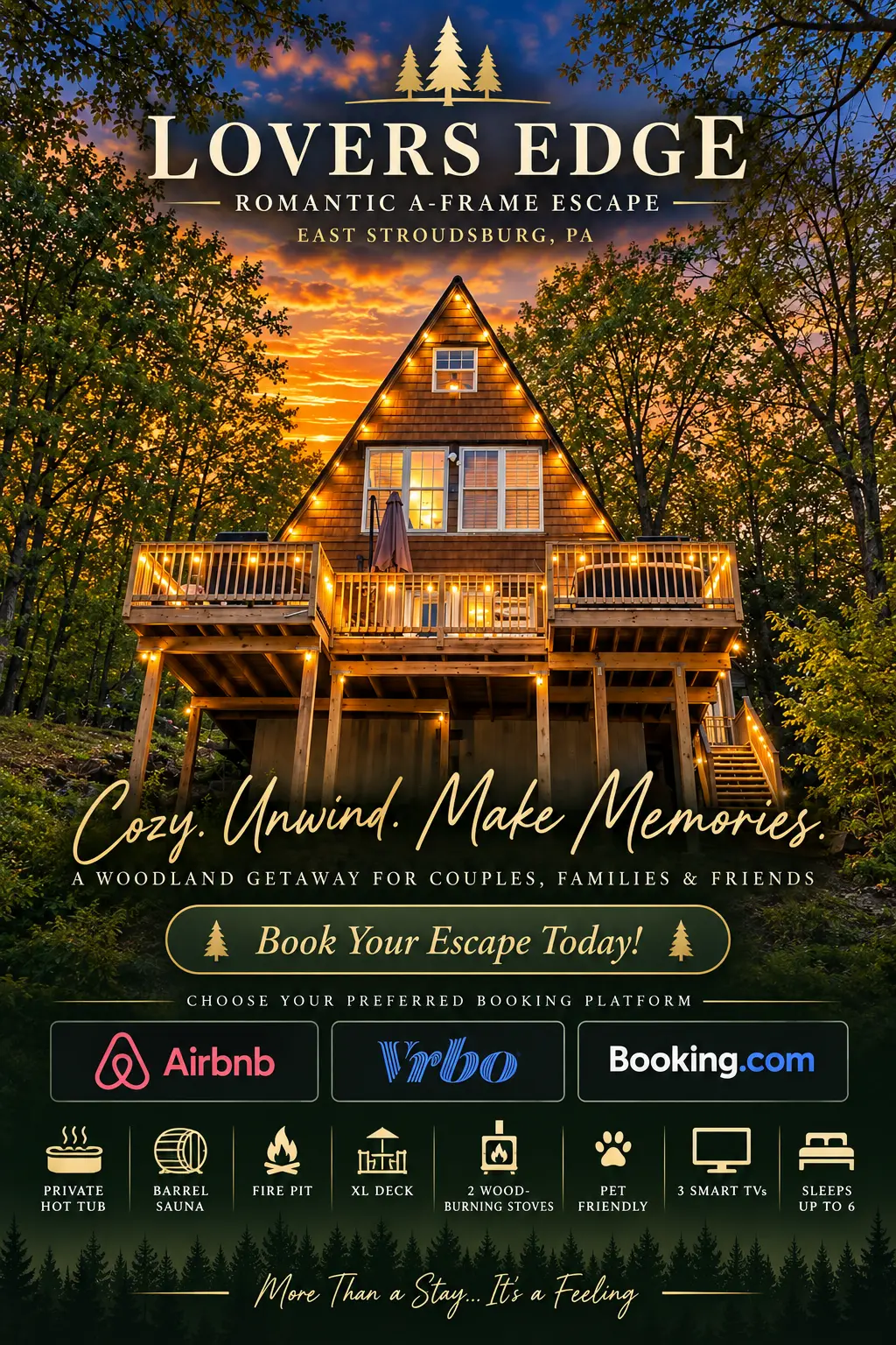 Lovers Edge booking guide and A-frame exterior