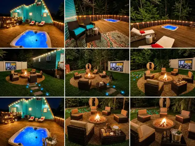 Pocono Dreams outdoor hot tub, sauna, fire pit and movie theater gallery